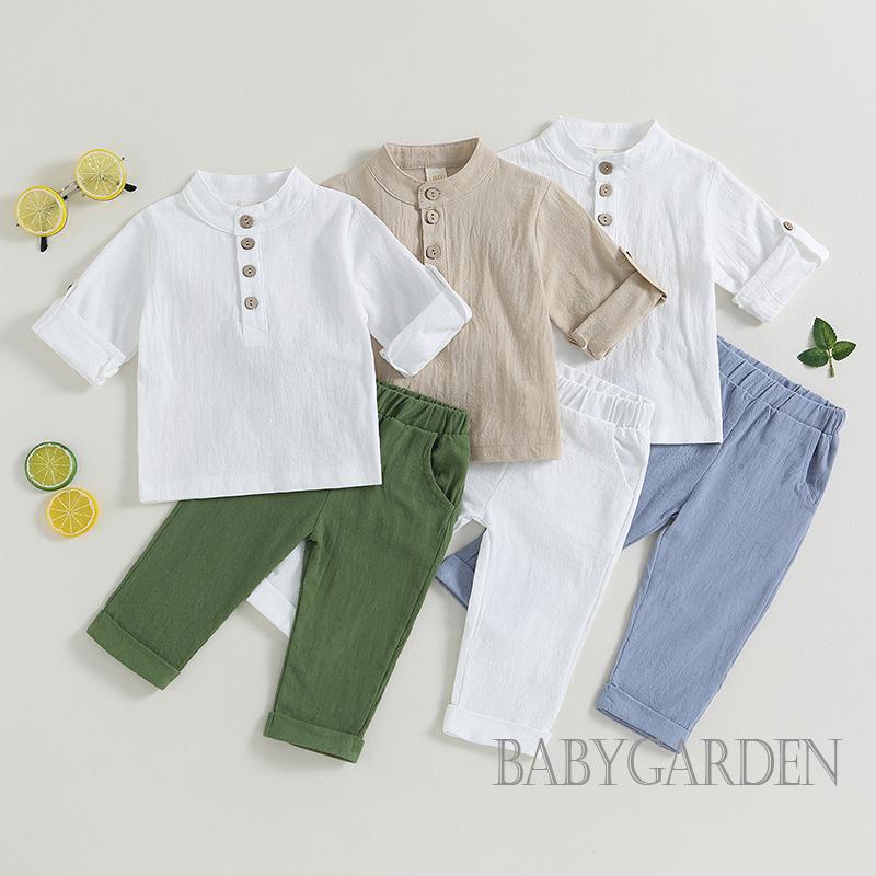 Set Đồ Mùa Hè 2 Món Gồm Áo Sơ Mi Tay Cộc Cài Nút Màu Trơn + Quần Dài Eo Thun Cho Bé Trai 6 Tháng - 4 Tuổi