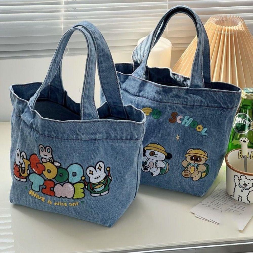 Túi Tote HOBBYIN, Túi đựng đồ ăn trưa Denim giặt, Túi xách thêu hoạt hình dung tích lớn dễ thương ngoài trời