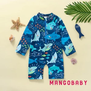 Mg-kid Bé Trai Áo Liền Quần Áo Bơi Tay Dài Cổ Tròn Dây Kéo Bãi Biển Bể Bơi Body Đồ Bơi Quần Ngắn