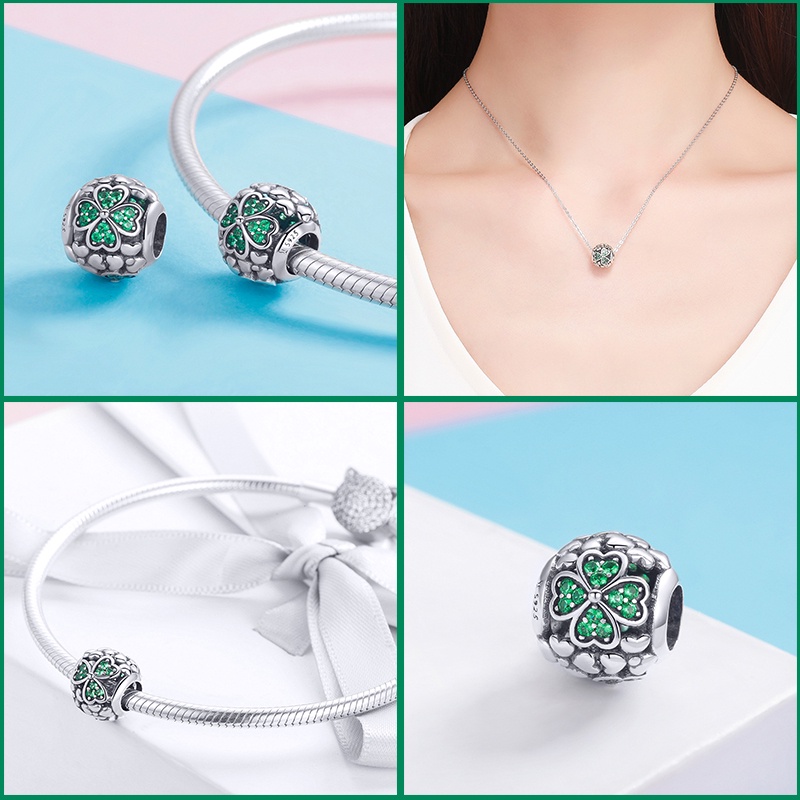 Hạt charm BAMOER bạc 925 hình cỏ bốn lá dùng làm đồ trang sức