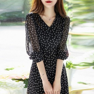 Đầm Voan Hoa Cao Cấp Cổ Chữ V Màu Đen Chấm Bi Thời Trang Mùa Hè 2023 Dành Cho Nữ