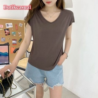 Áo Thun cotton Tay Ngắn Dáng Rộng Cổ Chữ V Màu Trơn Thời Trang 2023 Cho Nữ 40-78kg