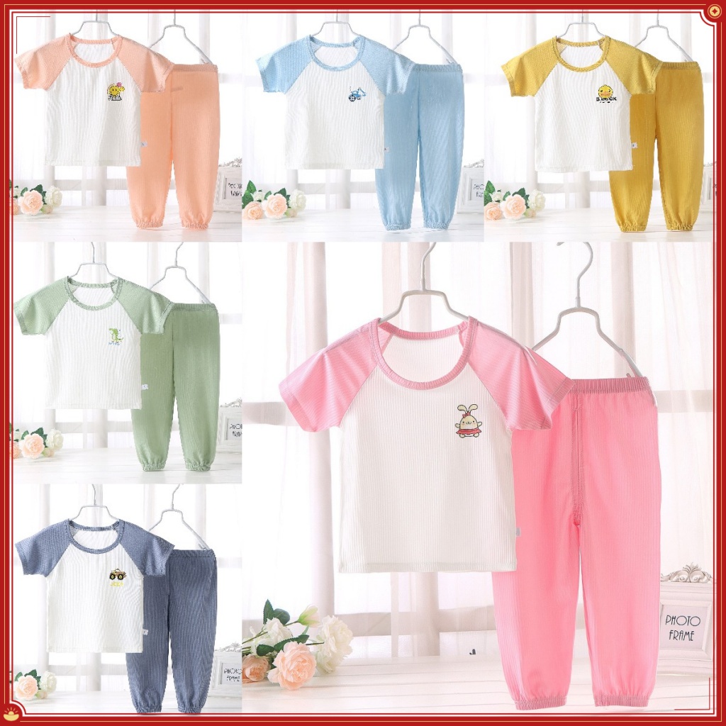 Bộ Áo Thun Tay Ngắn Trẻ Em Mùa Hè Quần Muỗi Bé Trai Bé Gái Quần Áo Mùa Hè Băng Lụa Tay Ngắn Pyjama