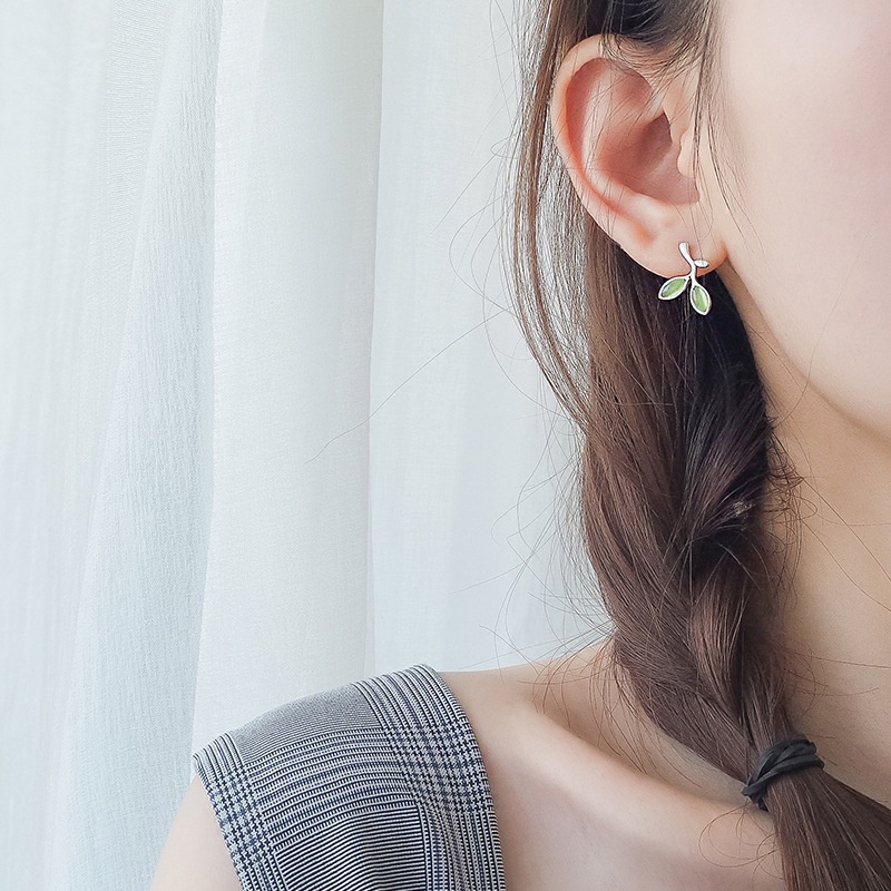 [Yunyuan] Bộ Trang Sức Vòng Cổ Nhẫn / Bông Tai / Nhẫn Mở Hình Lá Xanh Bằng Bạc