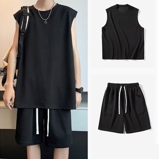 Set Áo Thun Không Tay Màu Trơn Và Quần Short Thời Trang Harajuku Cho Nam