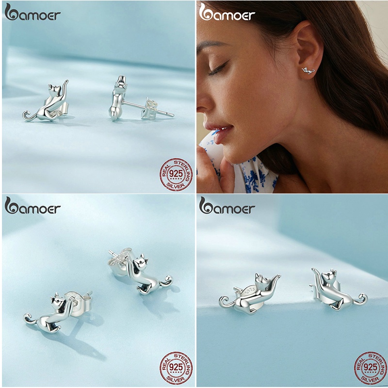 Bamoer Bông Tai bạc 925 Hình Mèo / Rắn / Bọ Rùa Thời Trang