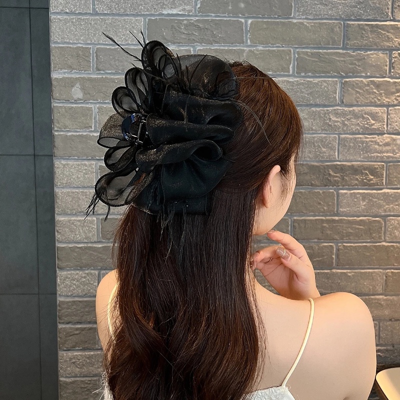 Đen Seersucker Lông Vũ Vuốt Tóc Kẹp Cho Nữ Thanh Lịch Ruffle Gạc Tóc ...