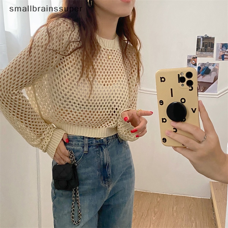 Smallbrainssuper phụ nữ mùa hè màu rắn cổ tròn rỗng ra dài tay áo đơn giản lỏng dệt kim hàng đầu sbs