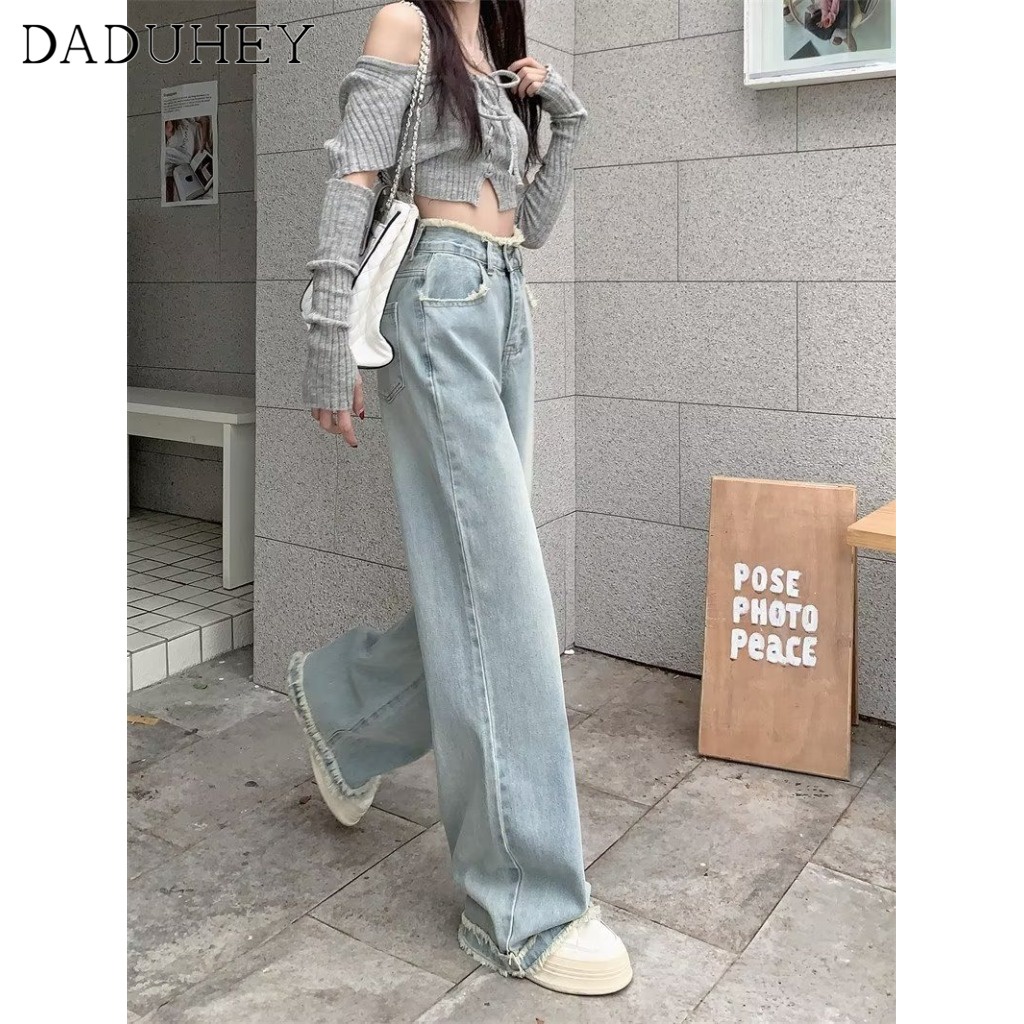 Ảnh Quần jean DADUHEY lưng cao ống rộng viền thô màu xanh dương nhạt size lớn phong cách Hàn Quốc mới dành cho nữ 4