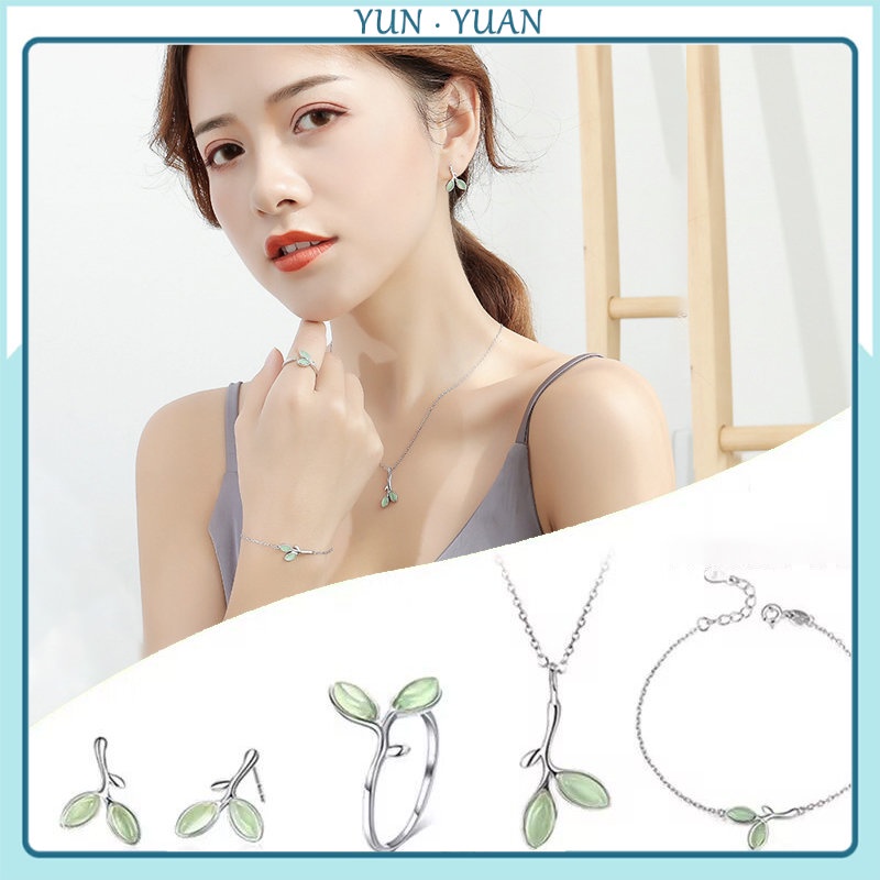 [Yunyuan] Bộ Trang Sức Vòng Cổ Nhẫn / Bông Tai / Nhẫn Mở Hình Lá Xanh Bằng Bạc