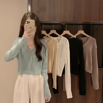 Phiên Bản Hàn Quốc Mỏng Cổ Chữ V Chống Nắng Băng Lụa Dệt Kim Áo Khoác Quần Áo Nữ Dài Tay Top Áo Khoác Mỏng Áo Khoác Chống Nắng Áo Ngắn Áo Cổ Chữ V Phong Cách Mỏng Áo Len Với Agaric Edge Nữ Áo Trắng Dà