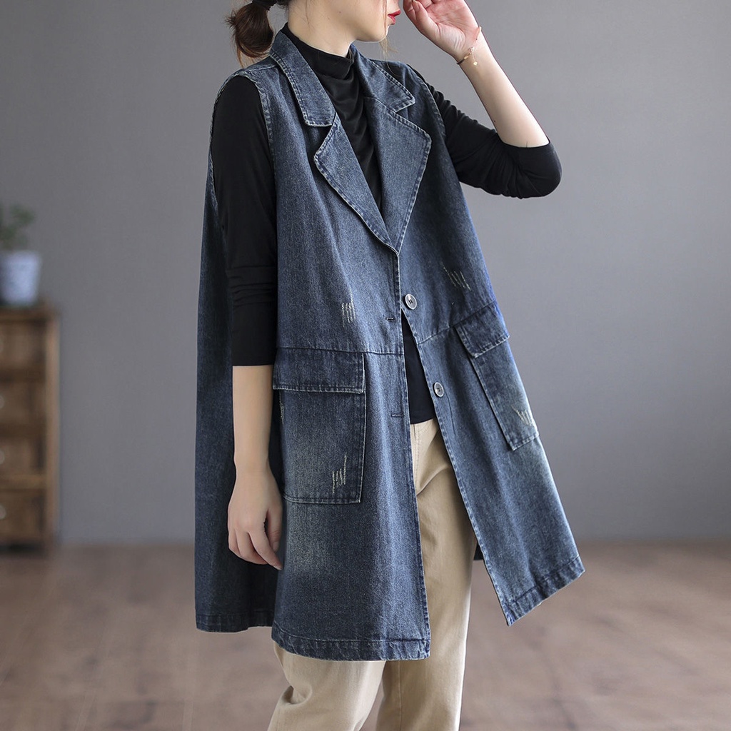 Plus Kích Thước Vintage Giữa Chiều Dài Denim Mới Rời Lắp Áo Vest Phù Hợp Với Cổ