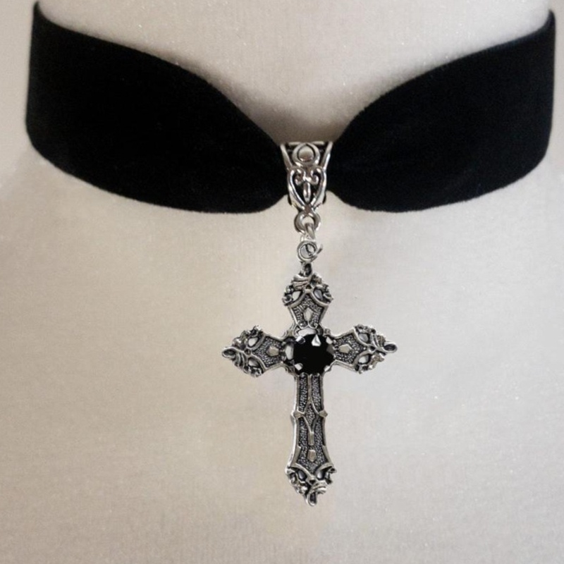 Vòng Cổ Choker Nhung Đen Mặt Thánh Giá Độc Đáo Phong Cách Gothic Cổ Điển