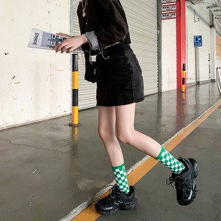 Vớ Cotton Cổ Cao Kẻ Sọc Caro Trắng Đen Thoáng Khí Phong Cách Harajuku Hàn Quốc