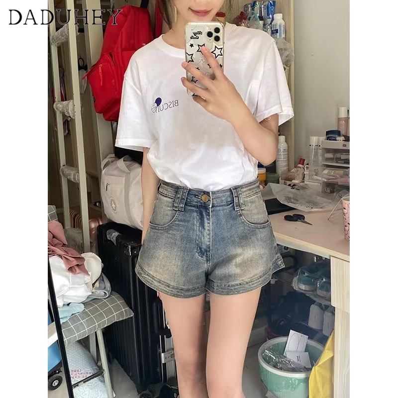 Ảnh Quần short denim DADUHEY dáng chữ A lưng cao size lớn phong cách retro đường phố Mỹ mới 4