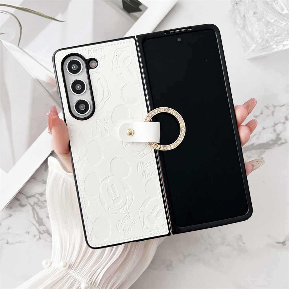 Dành Cho Samsung Galaxy Z Fold 7 6 5 4 3 2 Da PU Cổ Điển Hình Chuột Mickey Đơn Giản Chống Sốc Ốp lưng Cho Z Fold7 Có Dây Buộc Vòng Ngón Tay Gấp Ốp lưng