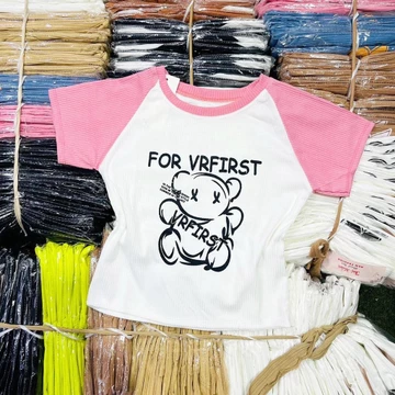 Áo thun gân nữ croptop tay đắp lăn in hình gấu, áo croptop tanktop nữ phối màu
