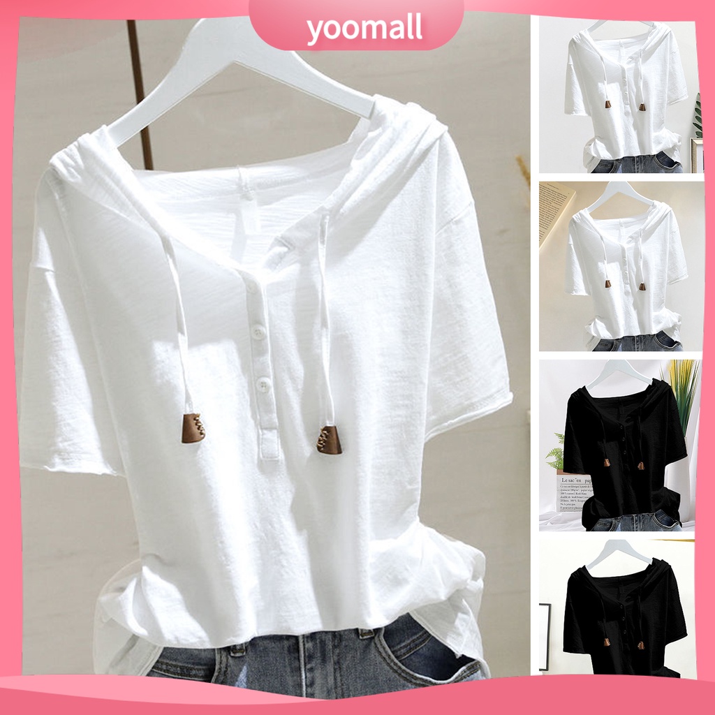 [Ym] Áo Hoodie nữ tay ngắn có mũ trùm đầu Dây rút màu trơn dáng rộng mềm mại Áo chui đầu thoáng khí Ladt mùa hè