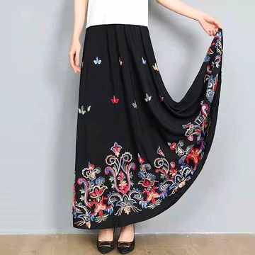 Phong Cách Mới Thêu Phong Cách Dân Tộc Váy Vuông Khiêu Vũ Lớn Váy Xoay Thêu Váy Dài Đến Mắt Cá Chân Váy Khiêu Vũ Siêu Dài