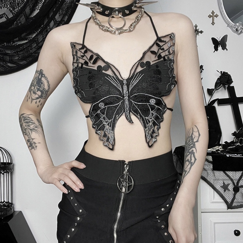 Pealike Nữ Dark Gothic Hình Bướm Áo Ngực Dây Lưng Sheer Ren Crop Top