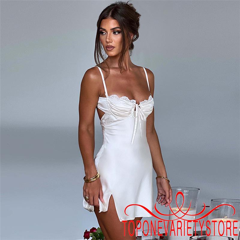 Topone-nữ Màu Trơn Chia Đầm Retro Rua Ren Viền Buộc Dây Mini Đầm Thanh Lịch Lưng Y2K Đầm Ngắn