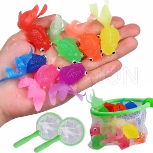 1 bộ mô phỏng cá vàng cao su mềm với lưới / trẻ mới biết đi tắm trò chơi câu cá / đồ trang trí nước cá nổi dễ thương / đồ chơi bồn tắm hồ cá hoạt hình / đồ chơi tương tác cha mẹ-con