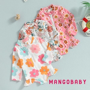 Mgg-kids Bé Gái Đồ Bơi Mùa Hè Hoa Dài Tay Dây Kéo Xù Áo liền quần Đồ Bơi Đi Biển Tắm Phù Hợp Với