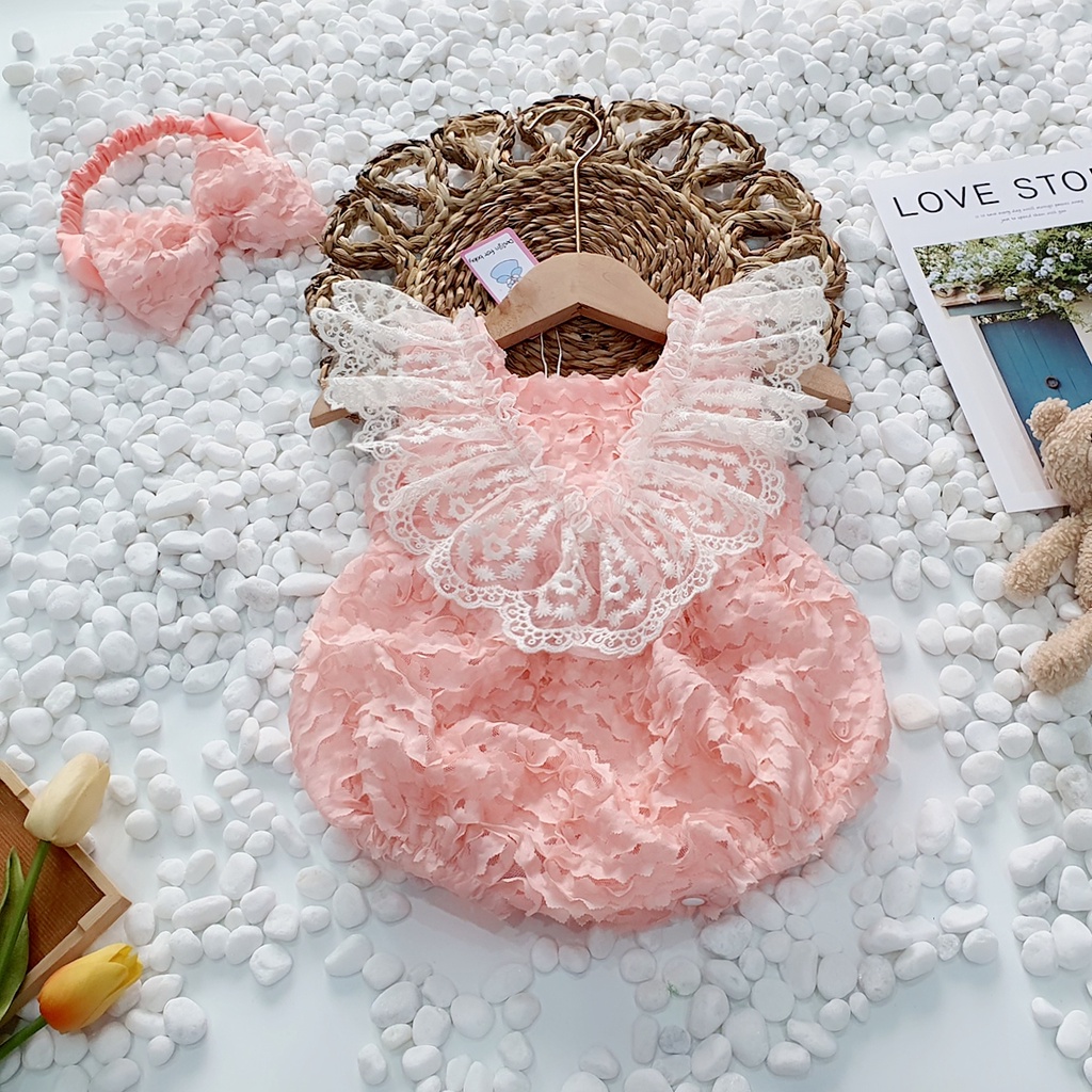 Set bodysuit cho bé kèm nơ cùng tone MINTSCLOSET Mints Closet body hồng cổ ren cho bé gái sơ sinh 1 2 3 tuổi - BS6122
