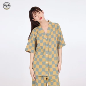 Phong Cách muji Phong Cách Nhật Bản / Đồ Ngủ Nữ Kẻ Caro / Đồ Ngủ Ba Tay Lỡ / Sợi cotton Hai Lớp