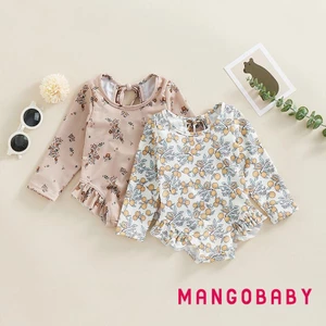 Mgg-kids Bé Gái Đồ Bơi Mùa Hè In Hoa Tay Dài Xù Áo liền quần Đồ Bơi Đi Biển Đồ Tắm Quần Áo Trẻ Em