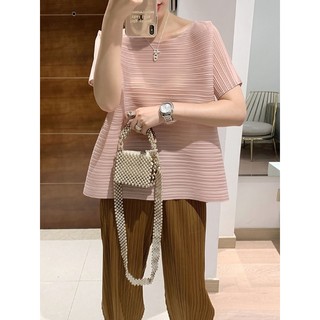 Miyake Áo Thun Tay Ngắn Dáng Rộng Xếp Ly Xẻ Tà Bên Hông Phong Cách Tây Ban Nha Thời Trang Cho Nữ