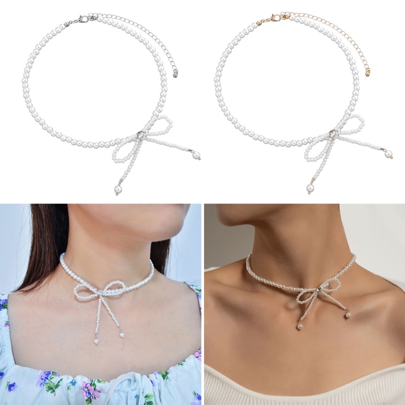 Dasbsug Vòng cổ ngọc trai thanh lịch với thiết kế tua rua Dây chuyền xương đòn nơ có thể điều chỉnh cho tiệc cưới và Occ đặc biệt