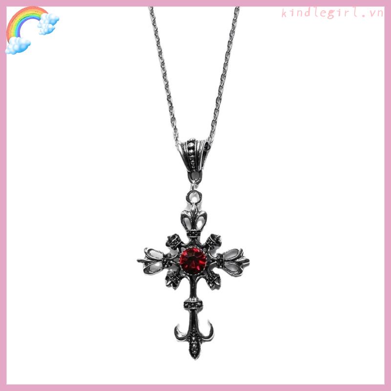 Vòng cổ Mặt Thánh Giá Đính Đá Zircon Đỏ Phong Cách Âu Mỹ