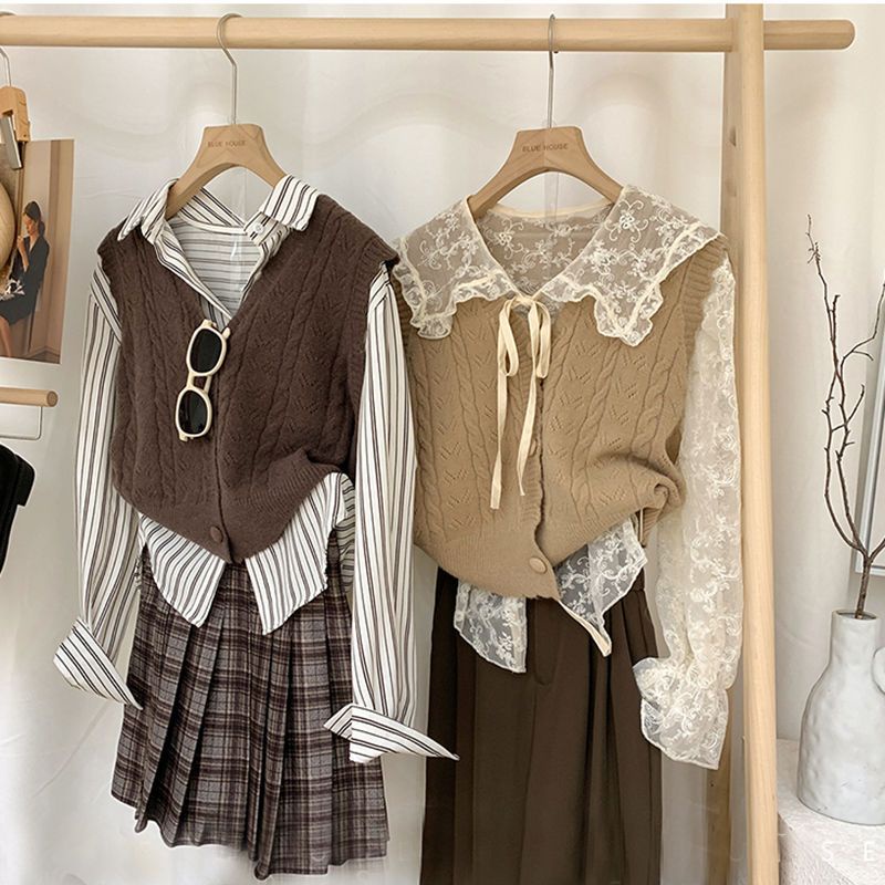 Plus Size Dệt Kim Áo Vest Nữ Tính Khí Retro Lười Ngọt Ngào Màu Trơn