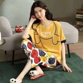 M-5XL Plus Size Nữ Tay Ngắn Crop Quần Cổ Tròn In Hình Hoạt Hình Pyjama 2 Bộ