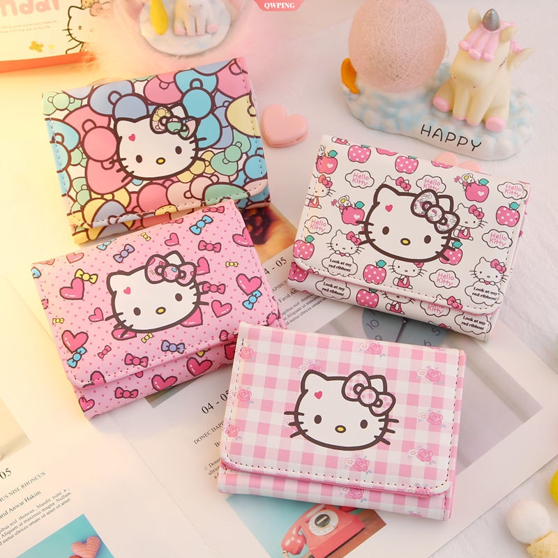 SANRIO Ví Da PU Ngắn Đa Năng In Hình Hello Kitty Dễ Thương Cho Nữ