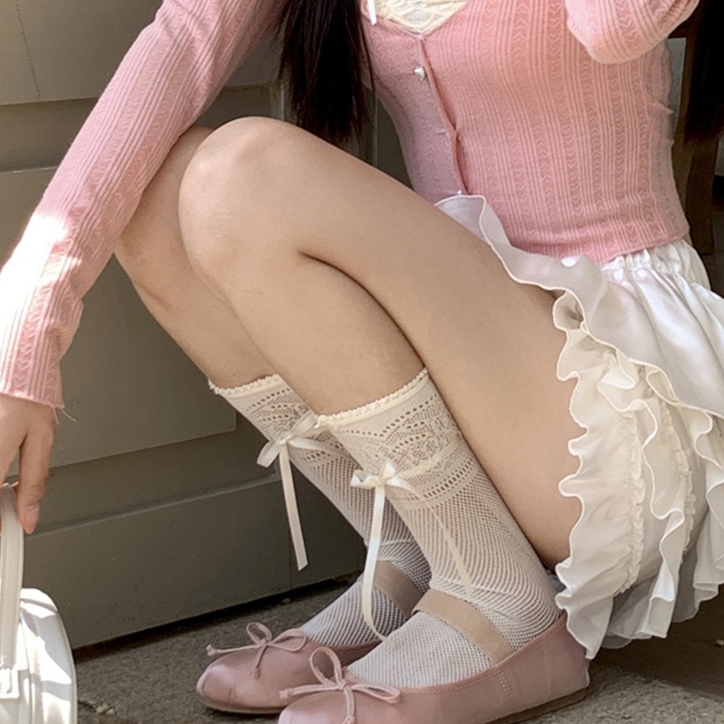 King summer hollow-out lace calf socks sweet bowknot student girl stockings for women