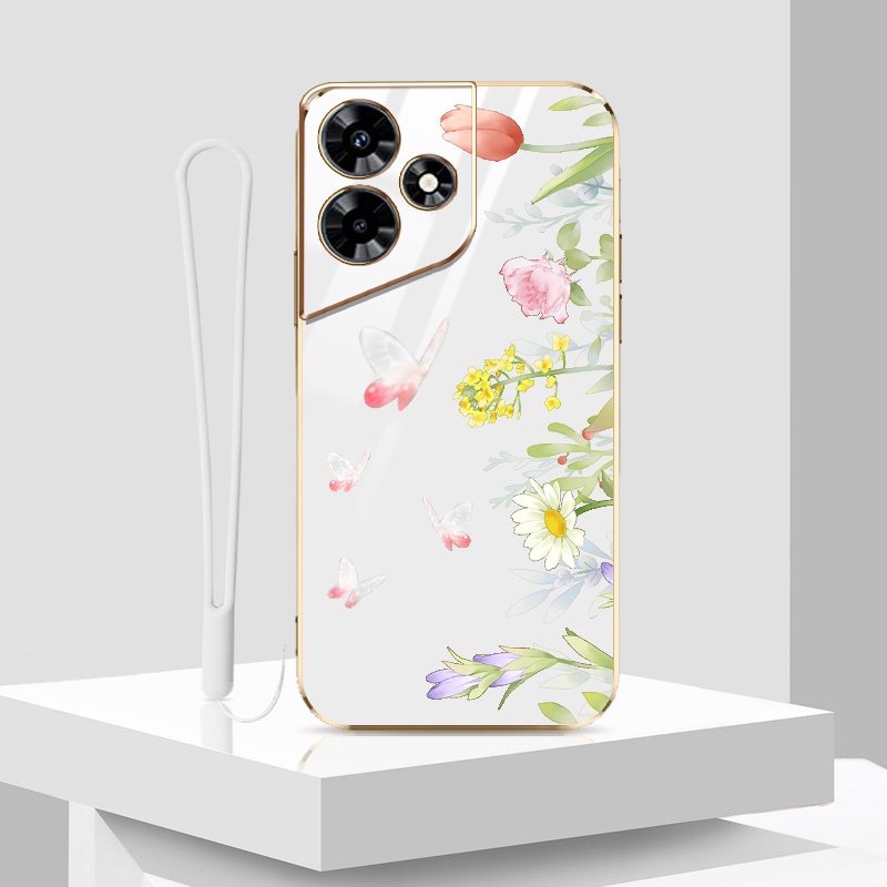 Ốp Điện Thoại Mạ Điện Sang Trọng Cho Infinix Smart 8 X6525 Hot 30 Play Hot 30i Tecno Spark Go 2024 Spark 20 POP 8 X6831 X669 Họa Tiết Hoa Bướm Phong Cách INS Có Dây Buộc
