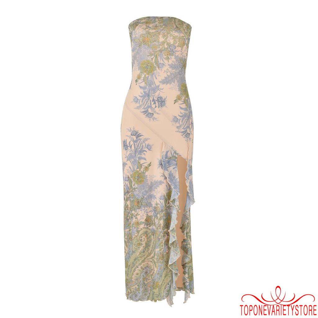 Topone-nữ Quấn Ngực Bodycon Đầm In Hoa Dây Xù Xù Khe Lưng Đầm Dài Mùa Hè