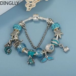 Vòng Tay Hạt Charm Đuôi Cá Màu Bạc / Ấm Trà / Bong Bóng Màu Xanh Dương DINGLLY Cho Nữ