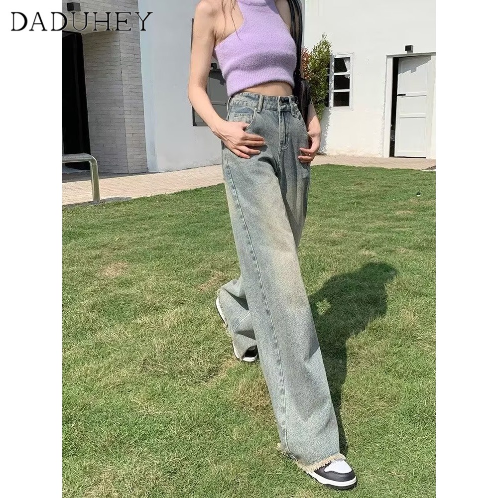 Ảnh DaDuHey New American Ins High Street Retro Raw Edge Jeans Niche High Waist Wide Leg Pants Large Size Trousers 3