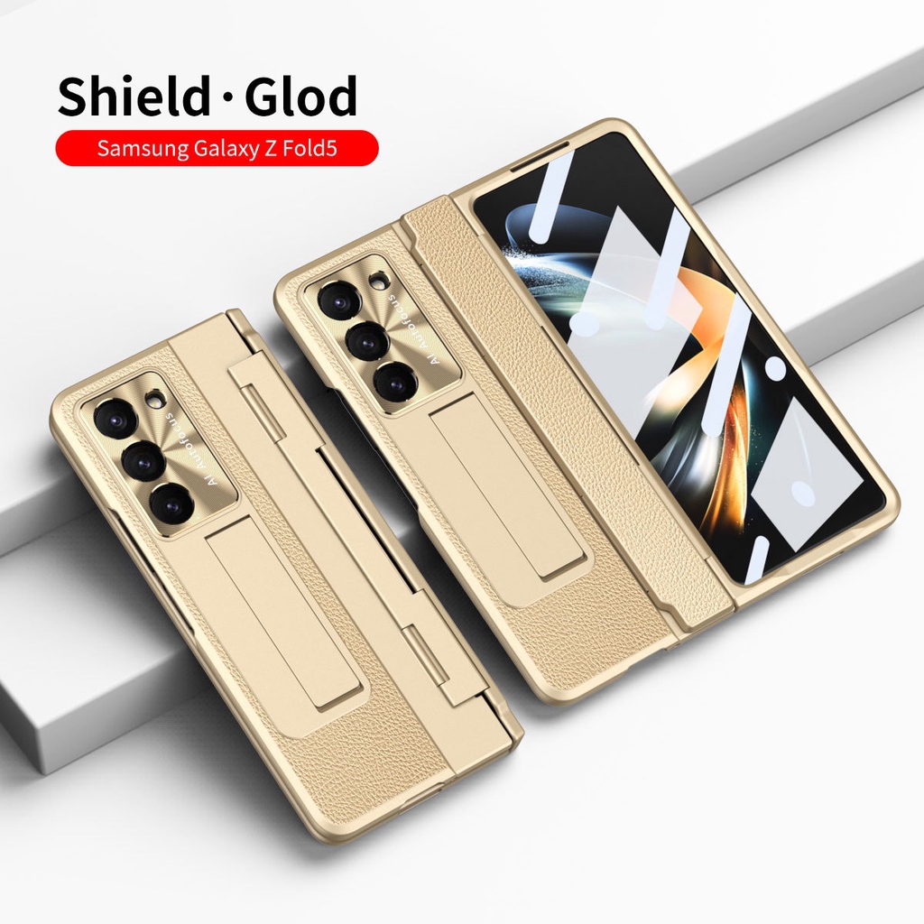 Ốp da mạ điện cho Samsung Galaxy Z Fold 5/4/6, bản lề chống rơi, bảo vệ, giá đỡ