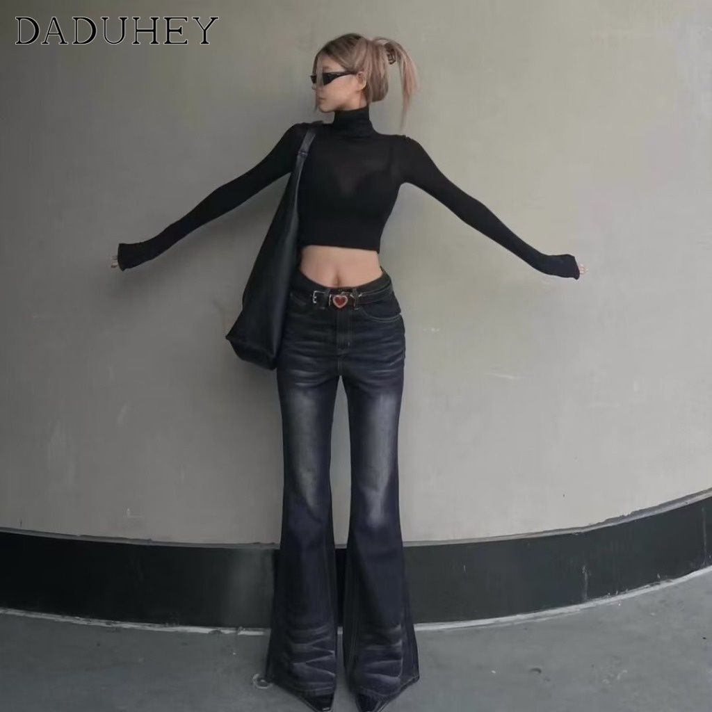 Ảnh Quần jean dài DADUHEY ống loe lưng cao công nghệ washed phong cách retro đường phố Mỹ mới 3