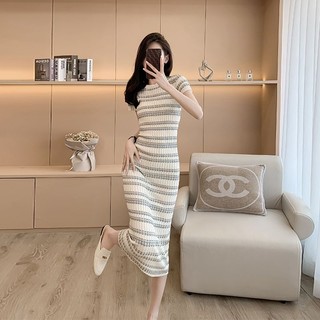 Đầm Dệt Kim Ôm Dáng Tay Ngắn Cổ Tròn Họa Tiết Kẻ Sọc Thời Trang Mùa Hè 2023