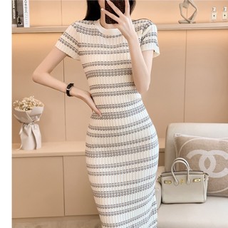 Đầm Dệt Kim Ôm Dáng Tay Ngắn Cổ Tròn Họa Tiết Kẻ Sọc Thời Trang Mùa Hè 2023