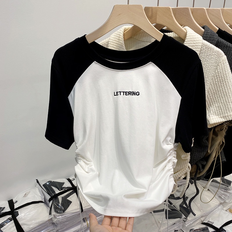 Áo thun ngắn tay thời trang SUXI Áo thun nữ dáng rộng bằng vải Cotton thêu hàng đầu mùa hè