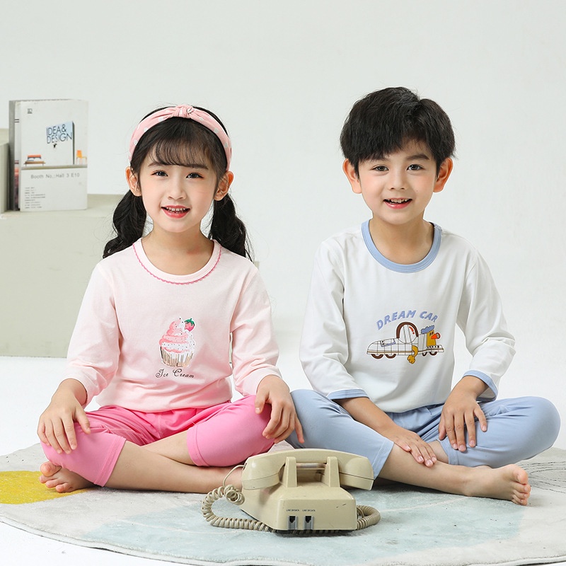 Trẻ Em Mặc Ở Nhà Bộ Đồ 100-160CM Bé Gái Bé Trai Mỏng Dài Tay Mùa Hè Quần Áo Trẻ Em Điều Hòa Không Khí Quần Áo Co Giãn Ba Phần Tư Tay Bộ Đồ Ngủ BQHW