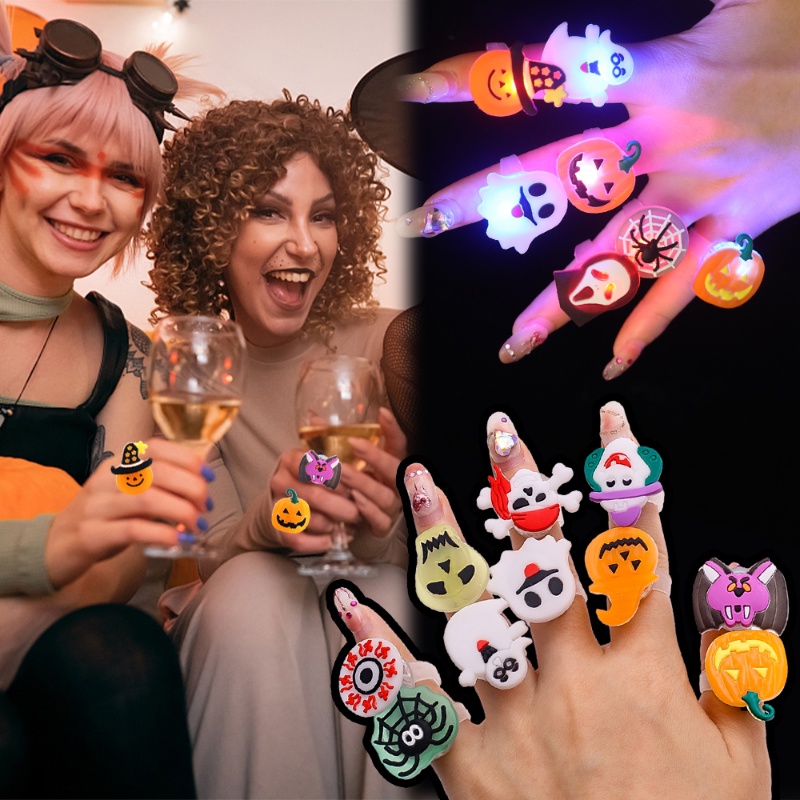 Set 10 Nhẫn Halloween Phát Sáng Hình Đầu Lâu / Bí Ngô Dễ Thương Cho Bé