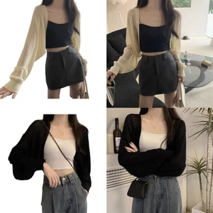 PCF * Nữ Mùa Hè Mở Trước Shrug Dài Tay Boleros Nhẹ Dệt Kim Crop Cardigan Áo Len Khăn Choàng Ngắn Áo
