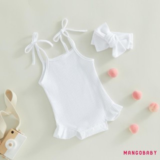 Mgg-infant Girls Romper Màu trơn dệt kim có gân buộc dây Spaghetti Dây đeo không tay Xù Bộ đồ liền thân cho bé có băng đô